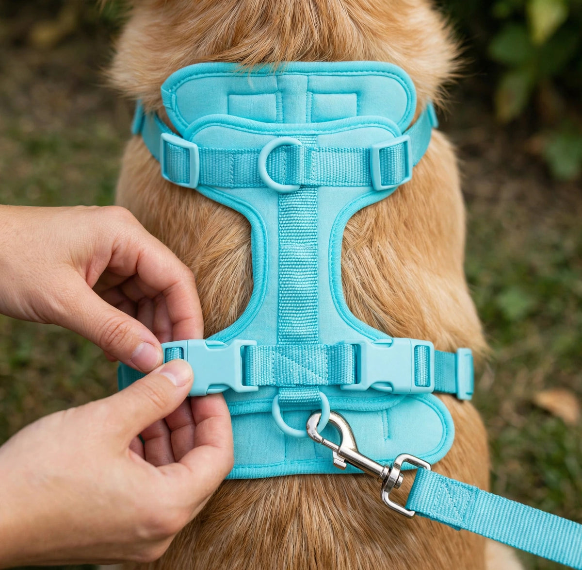 Hands adjusting the buckle of a teal PVC dog harness