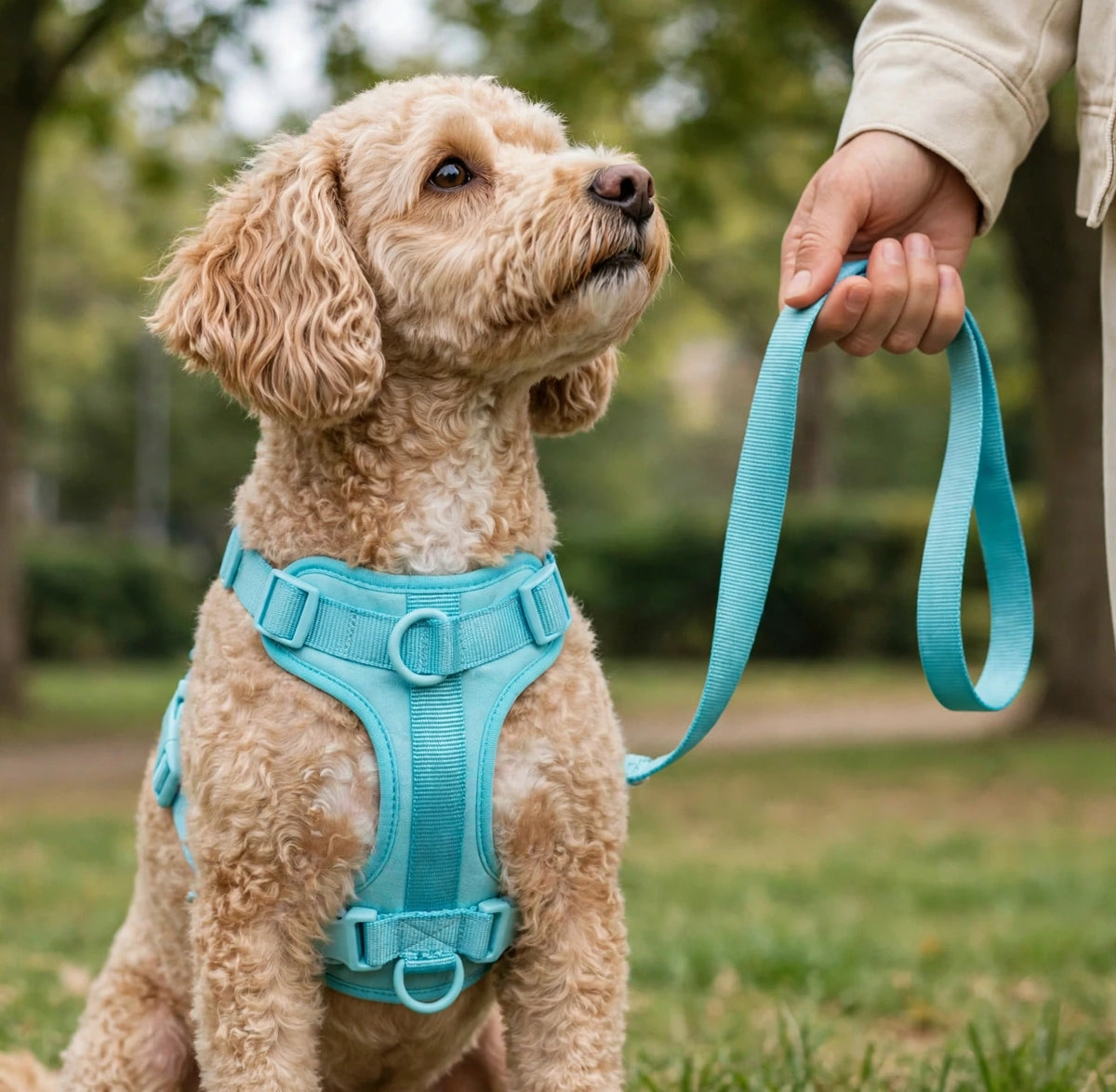 Person holding a dog wearing a teal PVC harness and flat strap leash