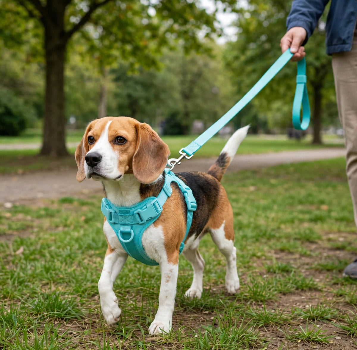 Owner walking dog wearing PVC harness and flat strap leash set in park