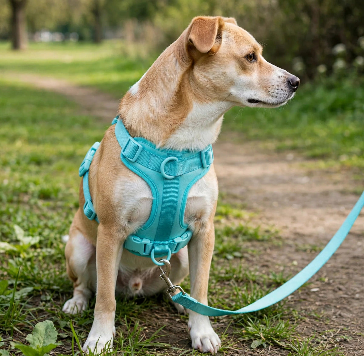 Dog wearing teal PVC harness and flat strap leash outdoors