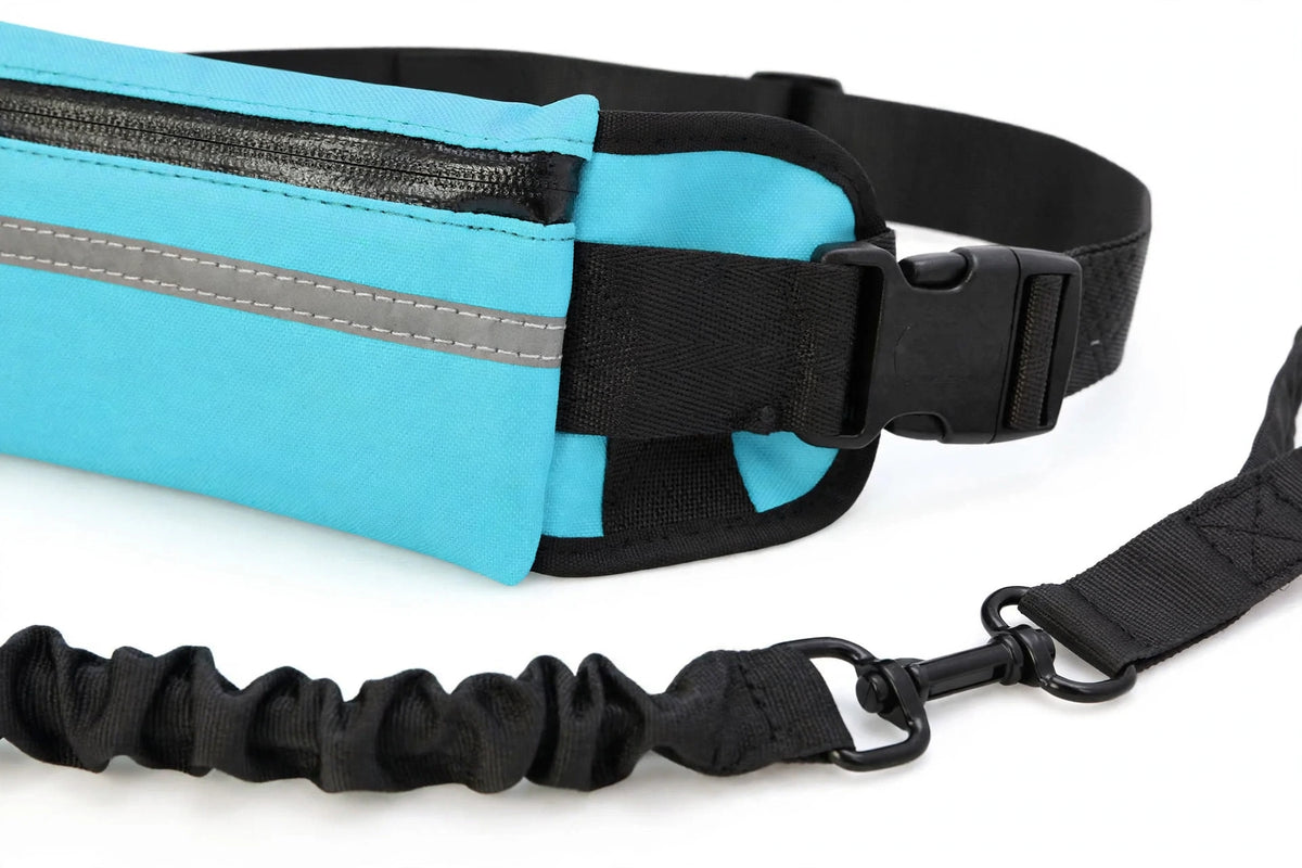 Close-up of turquoise hands-free waist pack belt, buckle and bungee leash clip