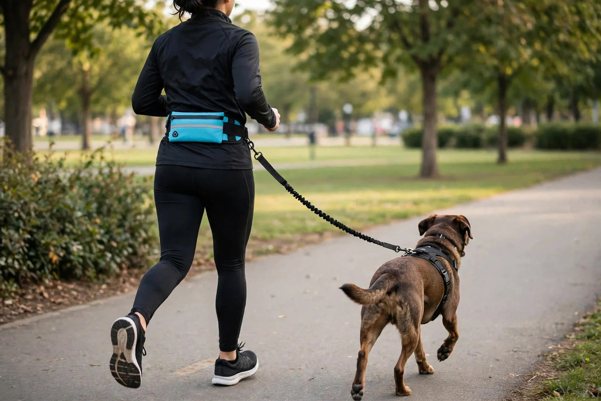 Person jogging with dog wearing hands-free waist pack and harness set