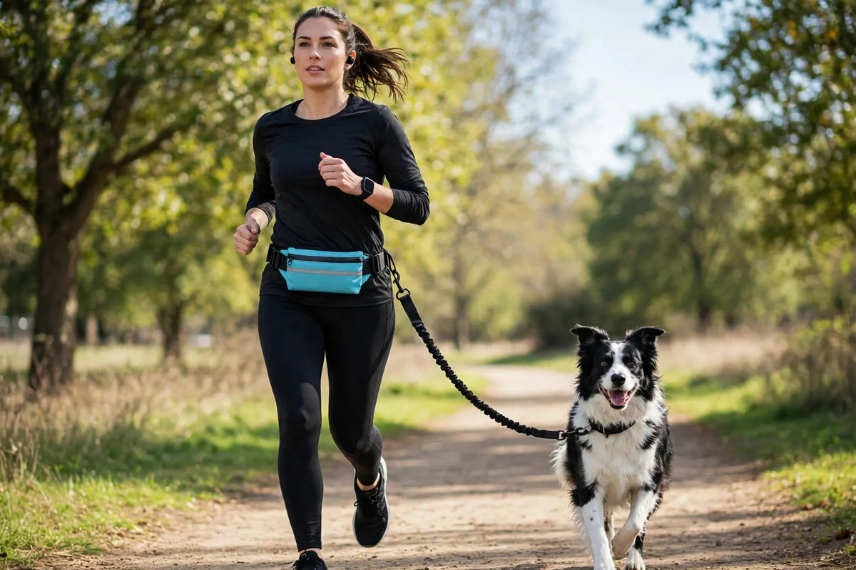 Person jogging with a dog wearing a hands-free waist pack leash set