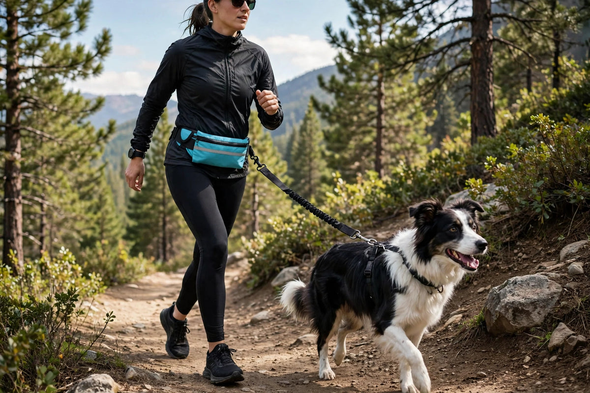 Person hiking on a trail with a dog wearing a hands-free waist pack leash set