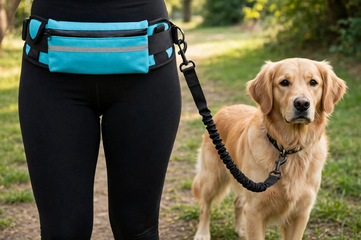 Close-up of a person wearing a hands-free waist pack with leash clipped and dog beside