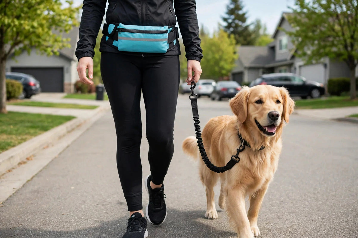 Person walking a dog in a neighborhood wearing a hands-free waist pack leash set