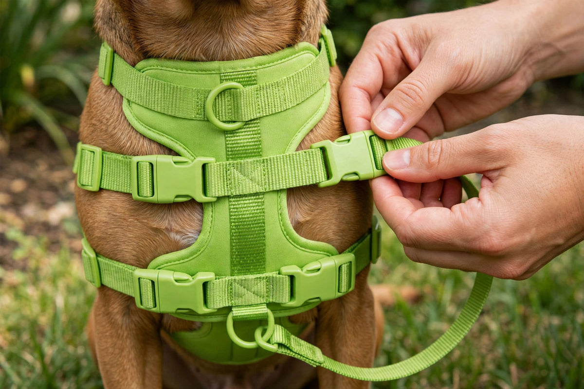 Hands adjusting the buckle of a green PVC dog harness