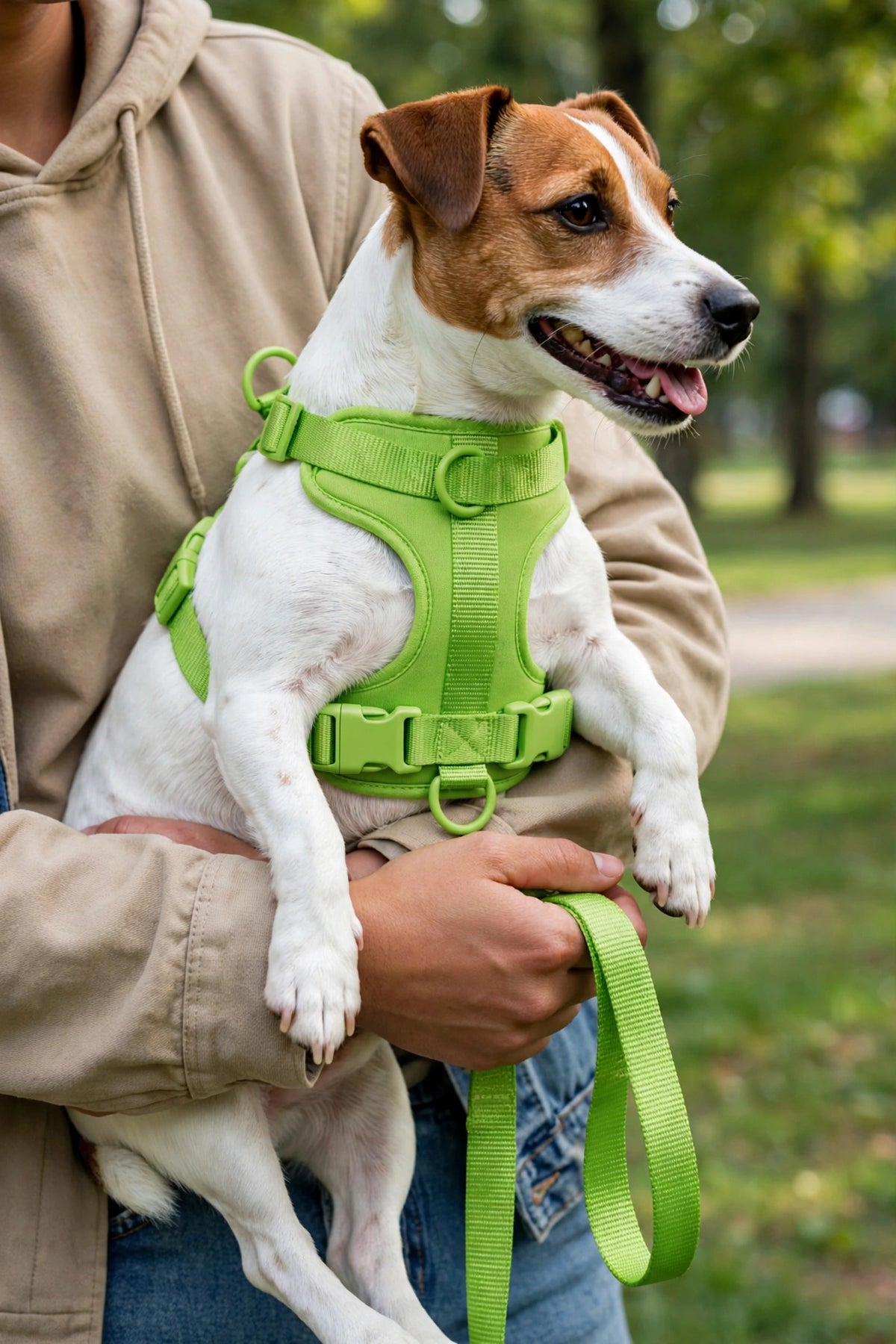 Person holding a dog wearing a green PVC harness and lightweight flat strap leash