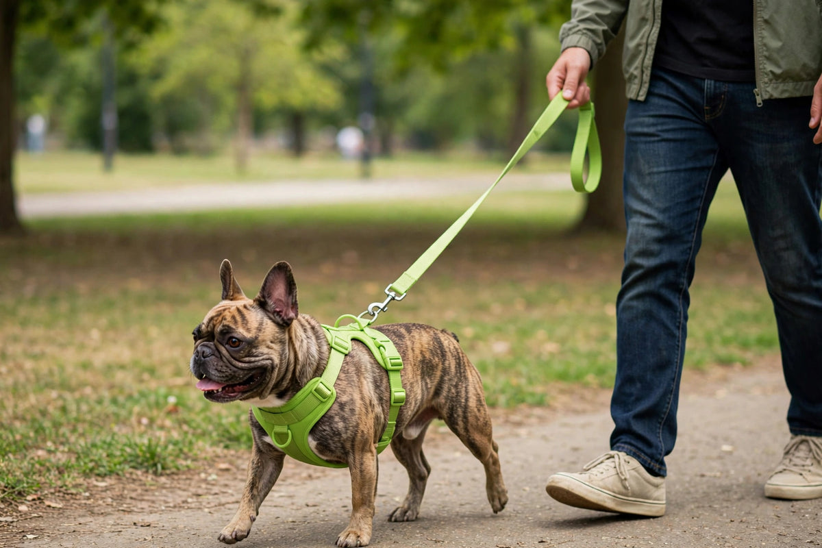 Person walking a dog wearing a green PVC harness and lightweight flat strap leash