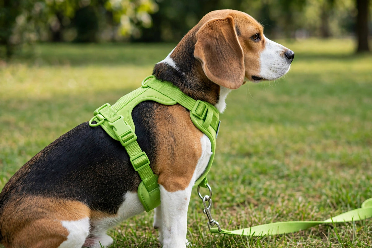 Beagle wearing green PVC harness and lightweight leash outdoors