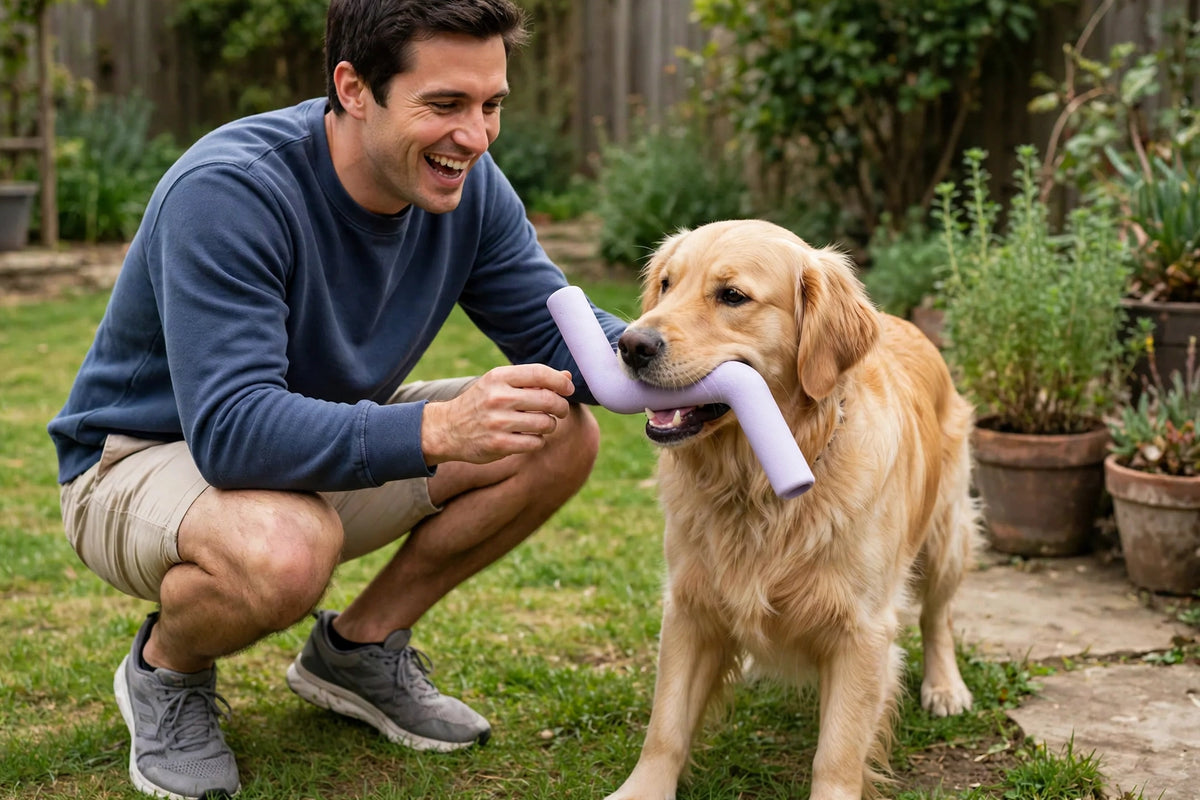 Person playing with a dog chewing a lavender lightning Z-shaped natural rubber toy