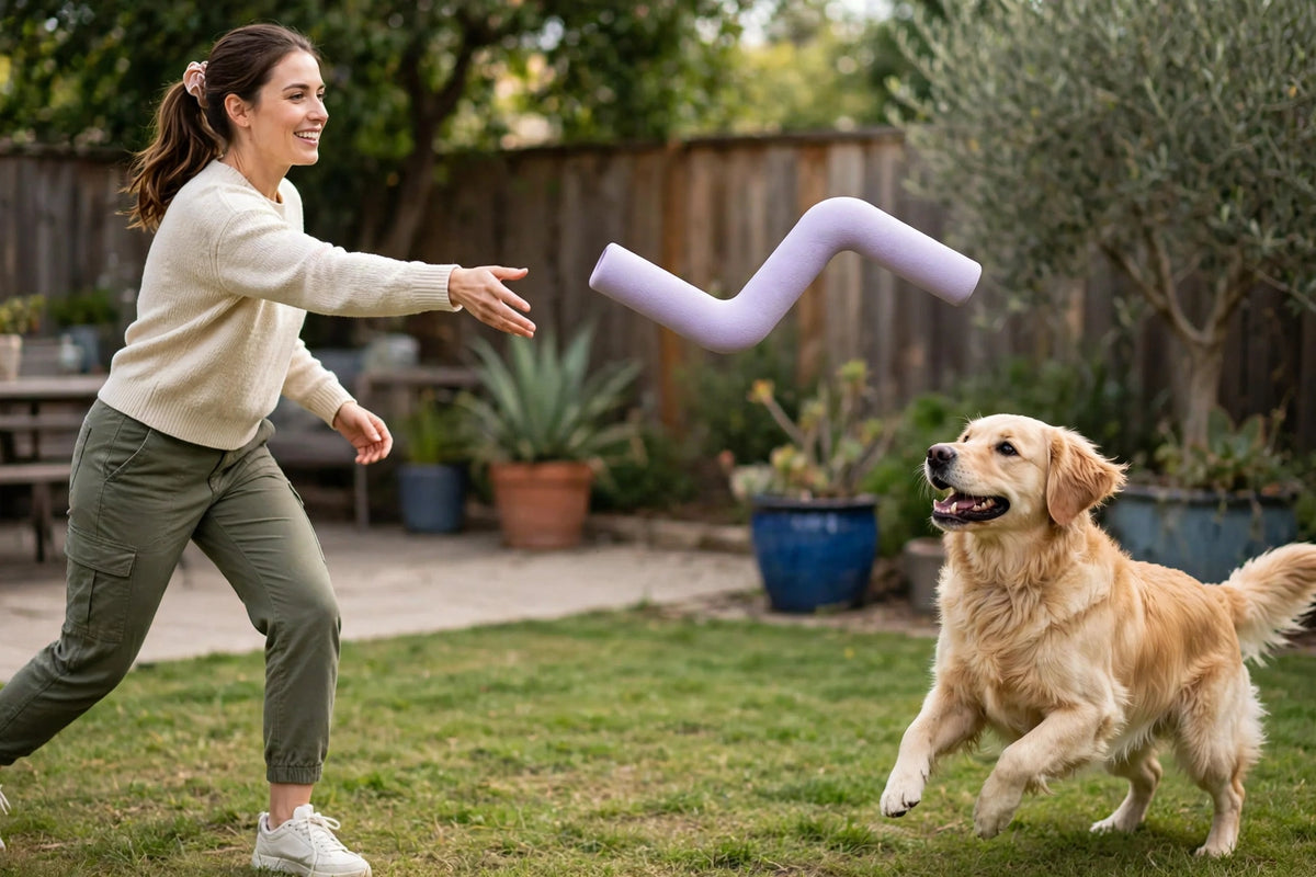 Person throwing a lavender lightning Z-shaped natural rubber dog toy for a dog