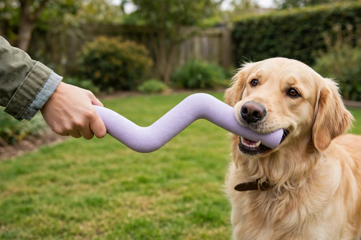Person and dog playing tug with a lavender lightning Z-shaped natural rubber toy