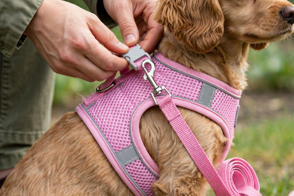 Owner adjusting straps of pink reflective mesh harness on dog
