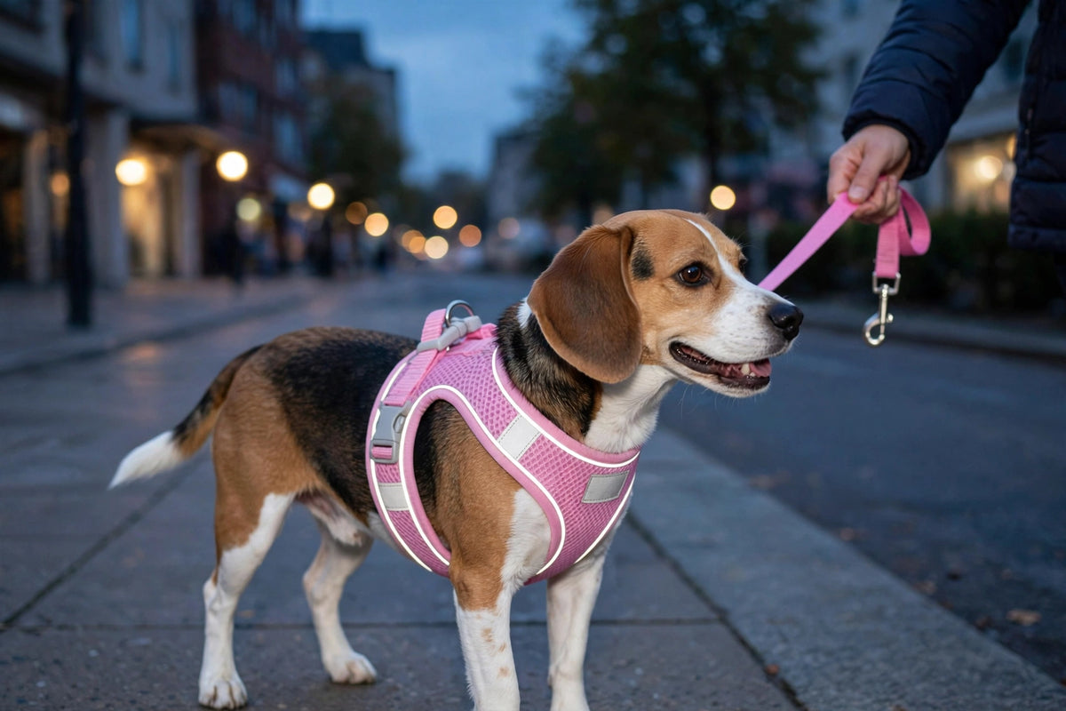 Owner walking dog wearing pink reflective mesh harness and leash set in evening