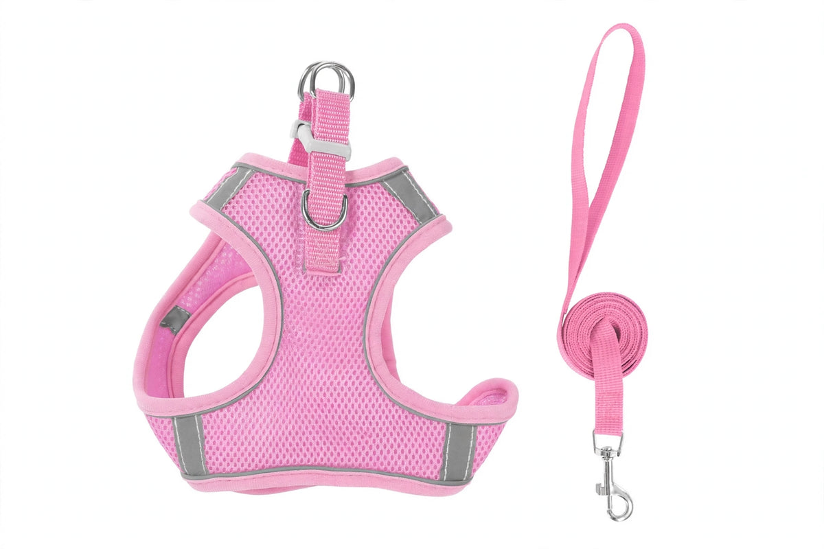 Pink reflective mesh dog harness and leash set on white background