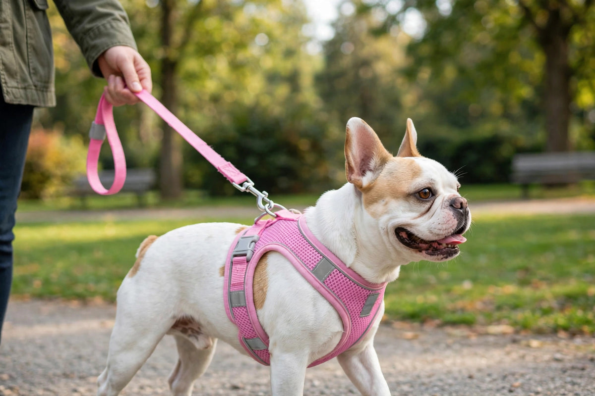 Owner walking dog wearing pink reflective mesh harness and leash set in park