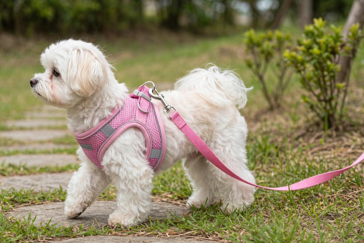 White dog wearing pink reflective mesh harness and leash outdoors