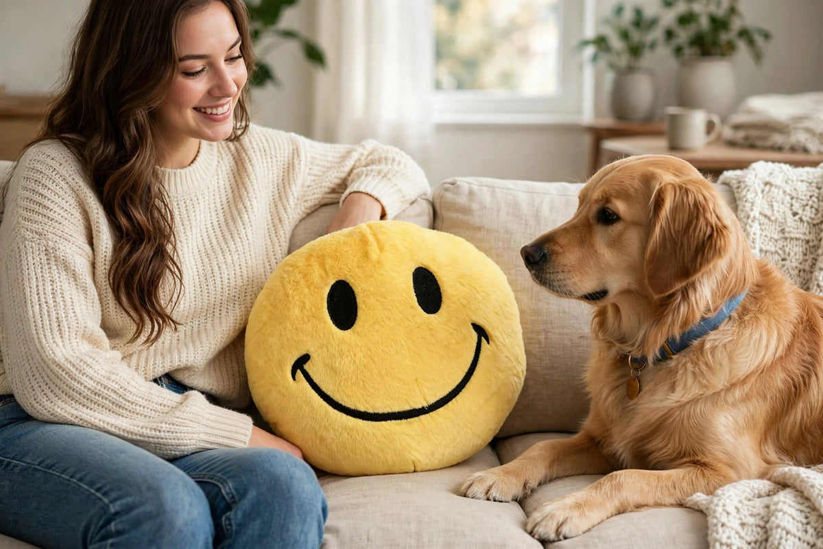 Owner and dog sitting on sofa with yellow smiley face plush pillow