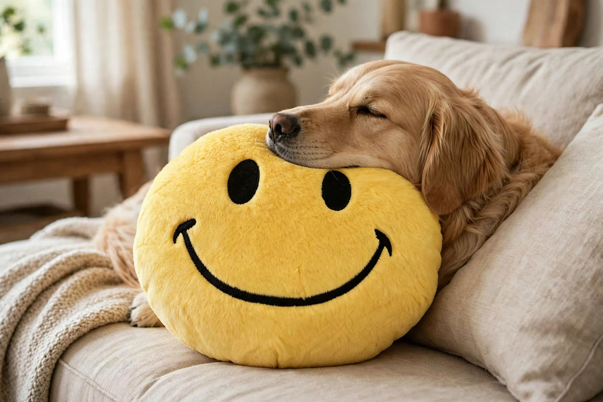 Dog resting head on yellow smiley face plush pillow on sofa