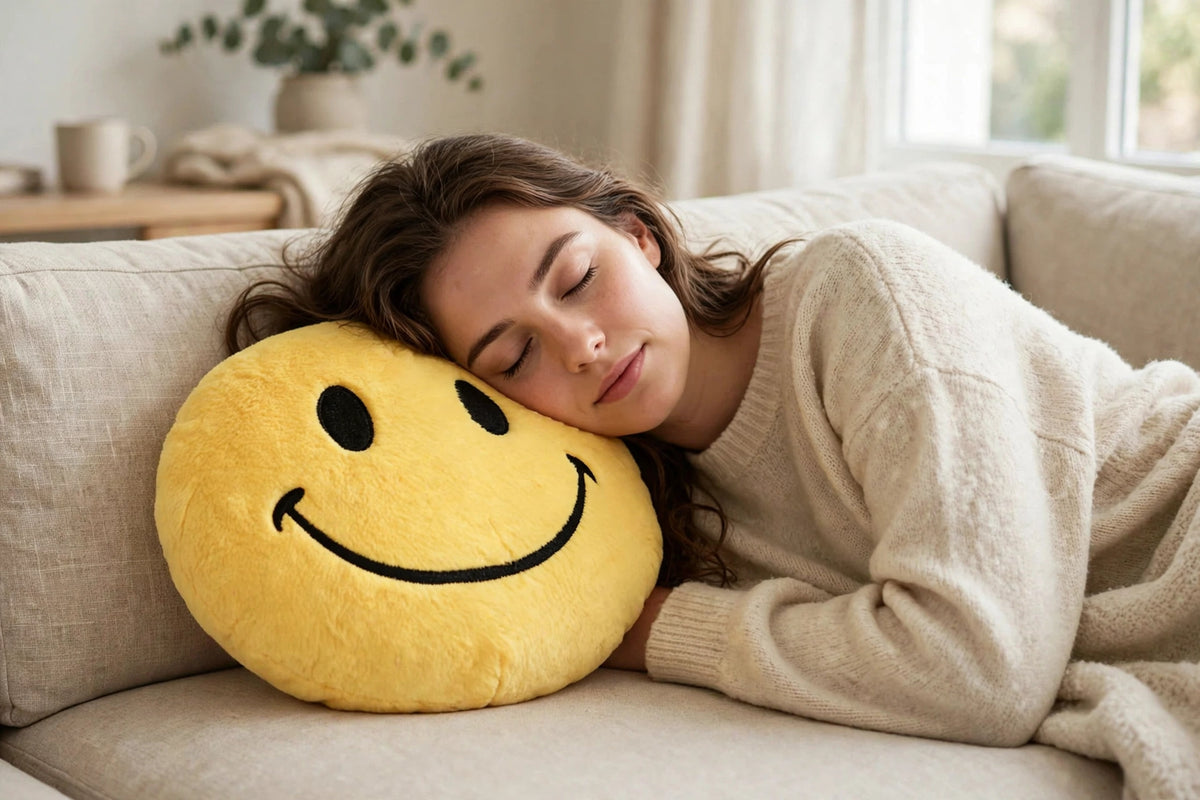Owner resting head on yellow smiley face plush pillow