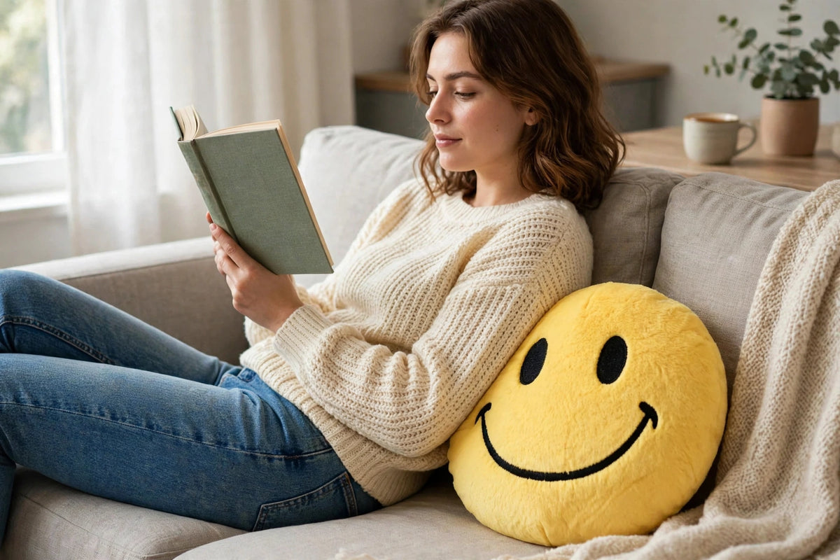 Owner reading while leaning on yellow smiley face plush pillow