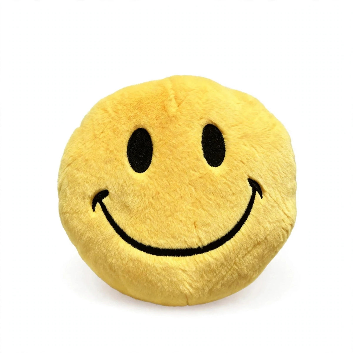 Yellow smiley face plush pillow on white background, front view