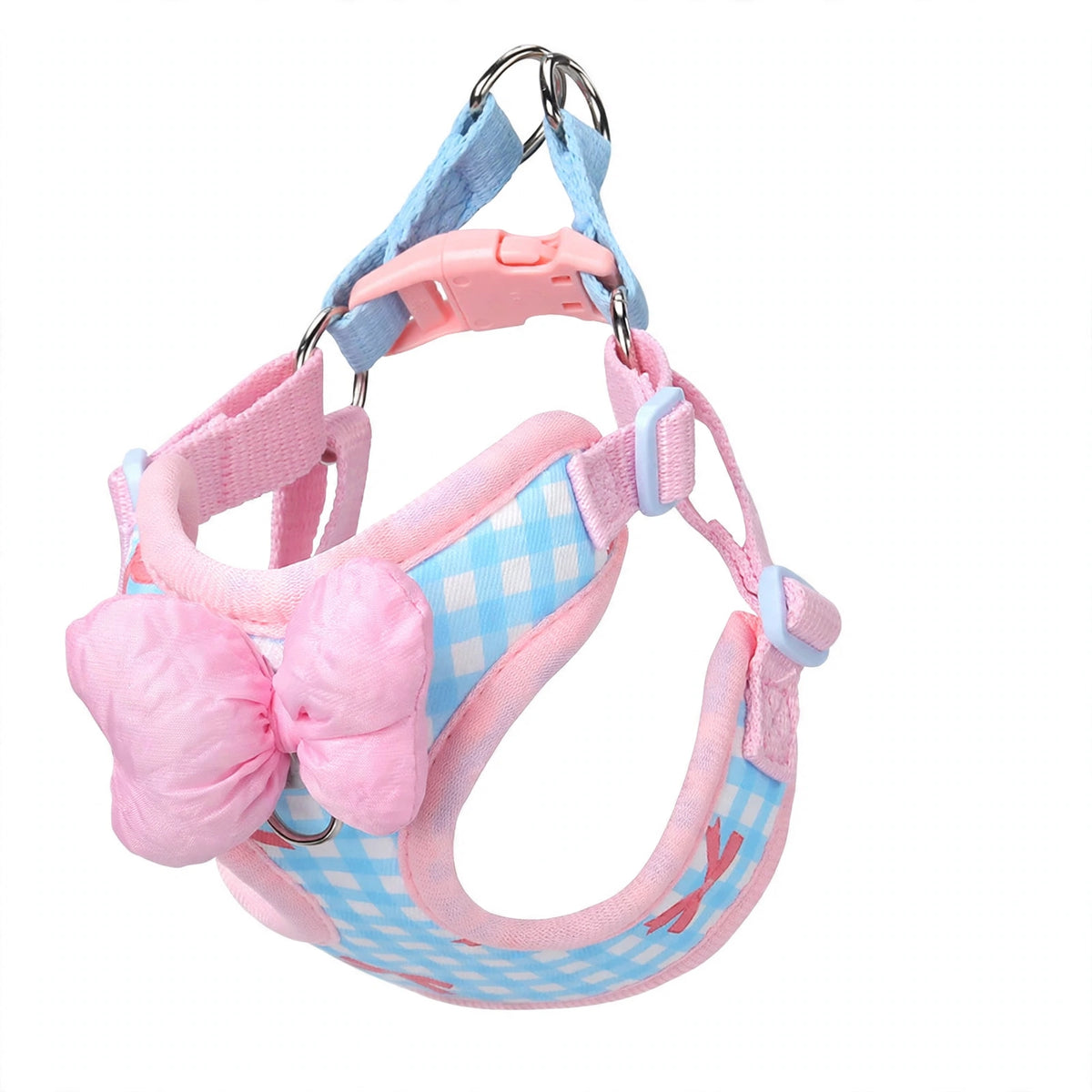 Blue plaid small dog harness with pink bow on white background, front view