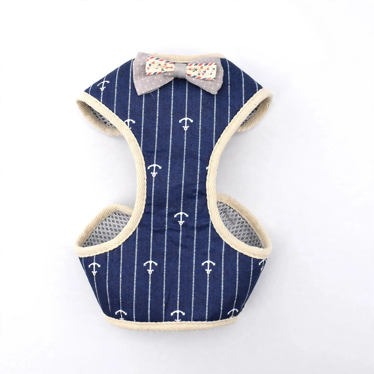 Navy anchor-print plaid vest dog harness with bow tie on white background, front view