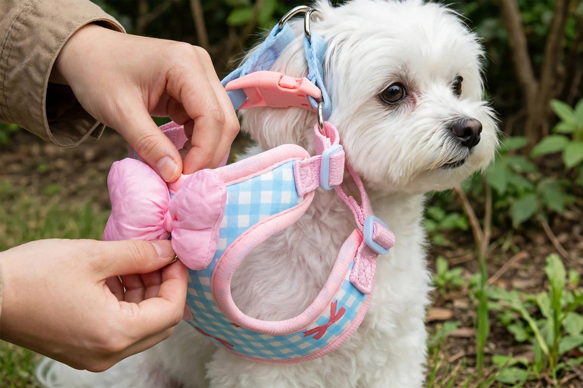 Owner adjusting bow on plaid harness worn by small dog