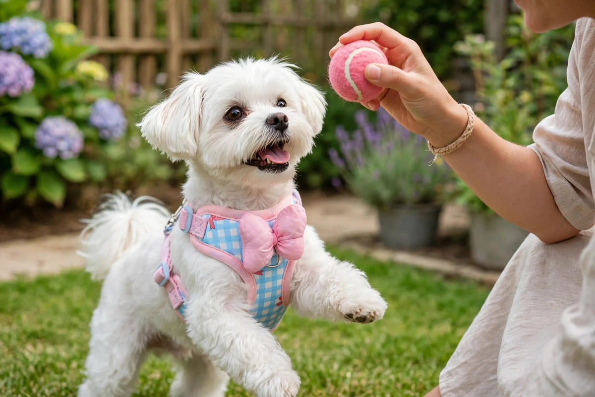 Owner playing with small dog wearing plaid harness with bow in garden
