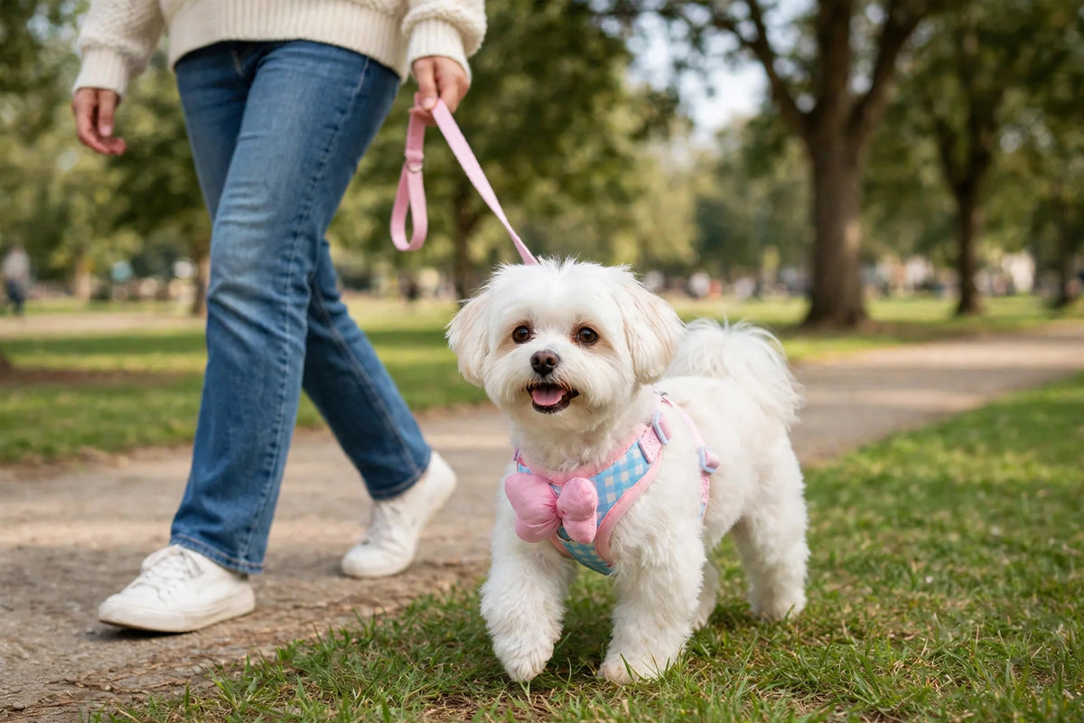 Owner walking small dog wearing plaid harness with bow in park