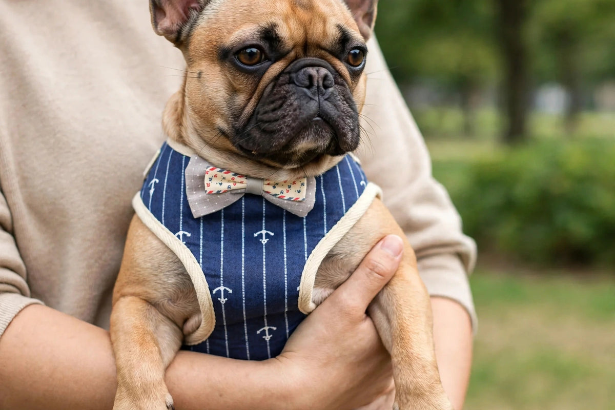 Owner holding dog wearing plaid vest harness with bow