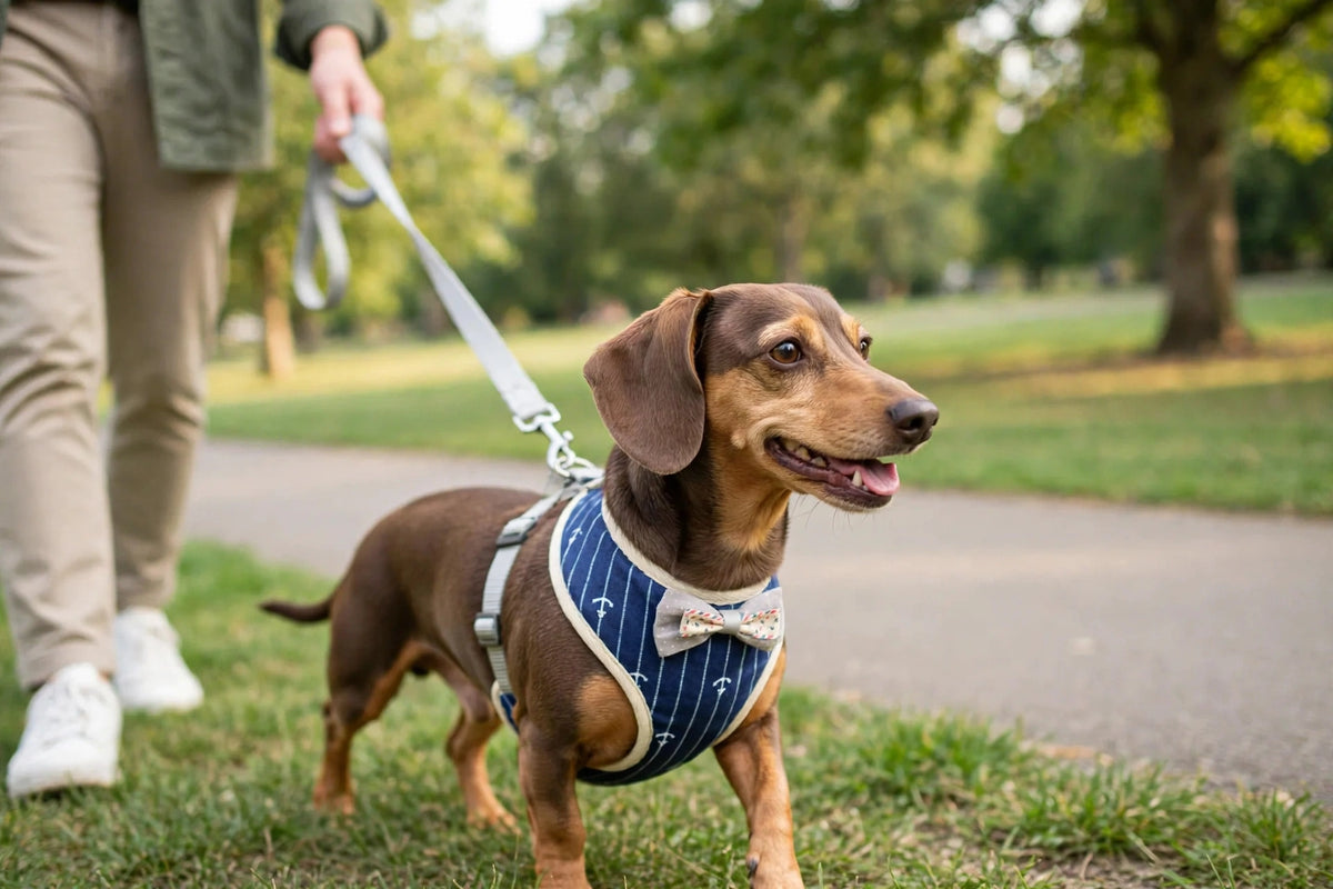 Owner walking dachshund wearing plaid vest harness with bow in park