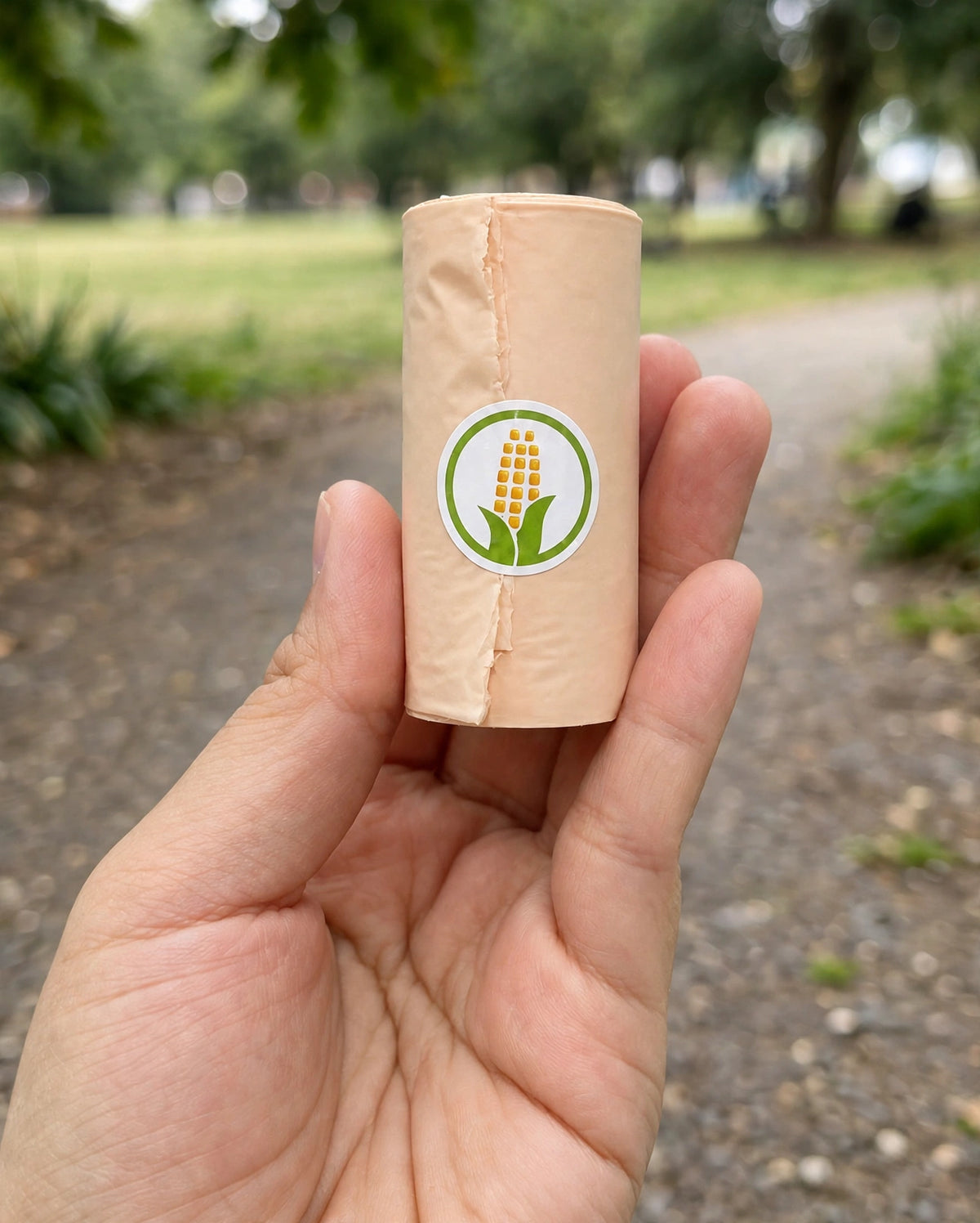Beige biodegradable poop bag roll held in hand on a park walk