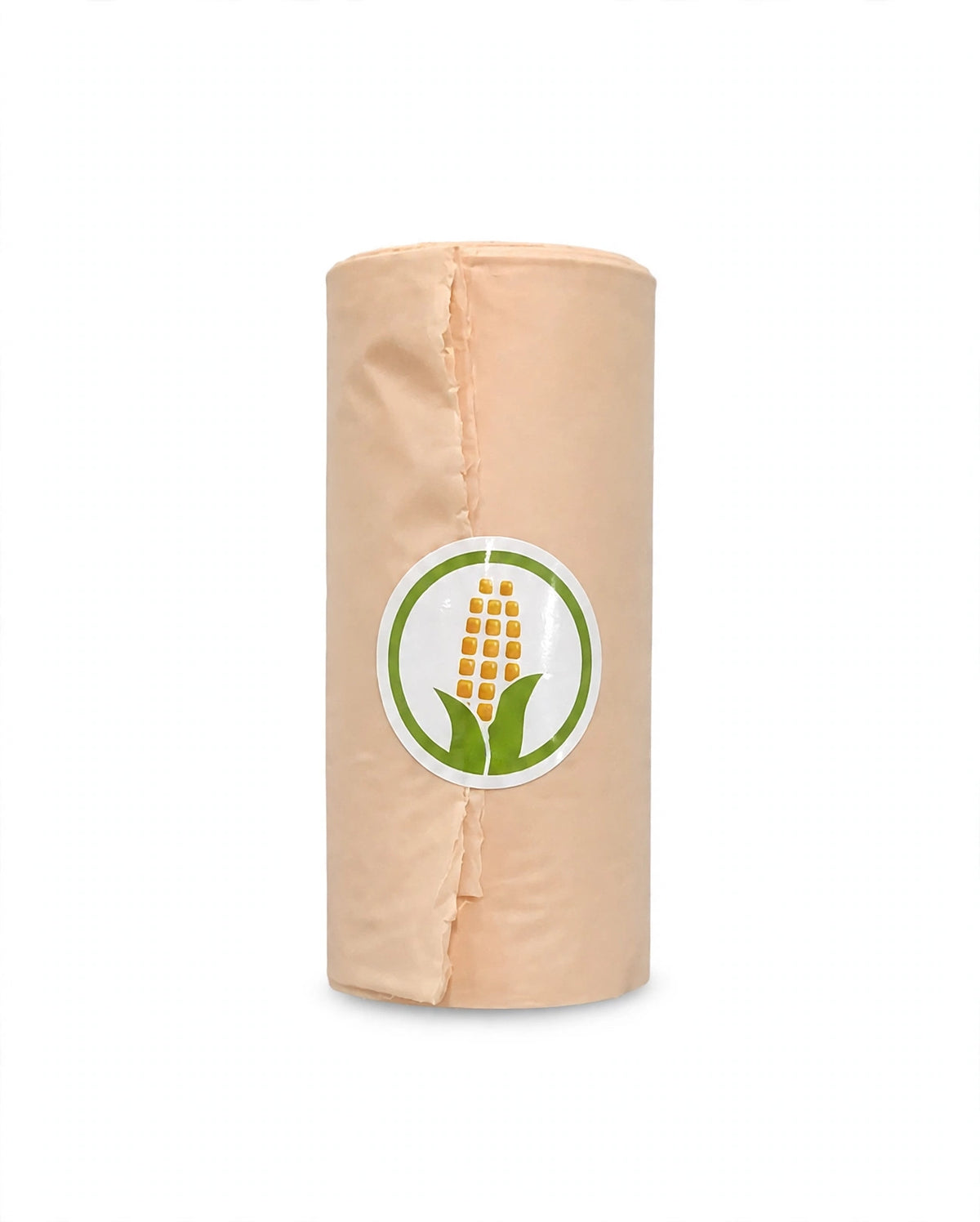 Beige biodegradable poop bag roll standing upright on white background