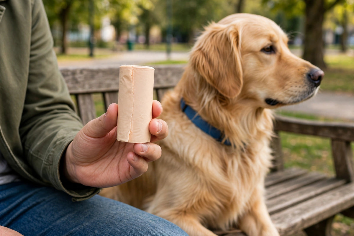 Person sitting on a park bench with a dog holding a beige biodegradable poop bag roll
