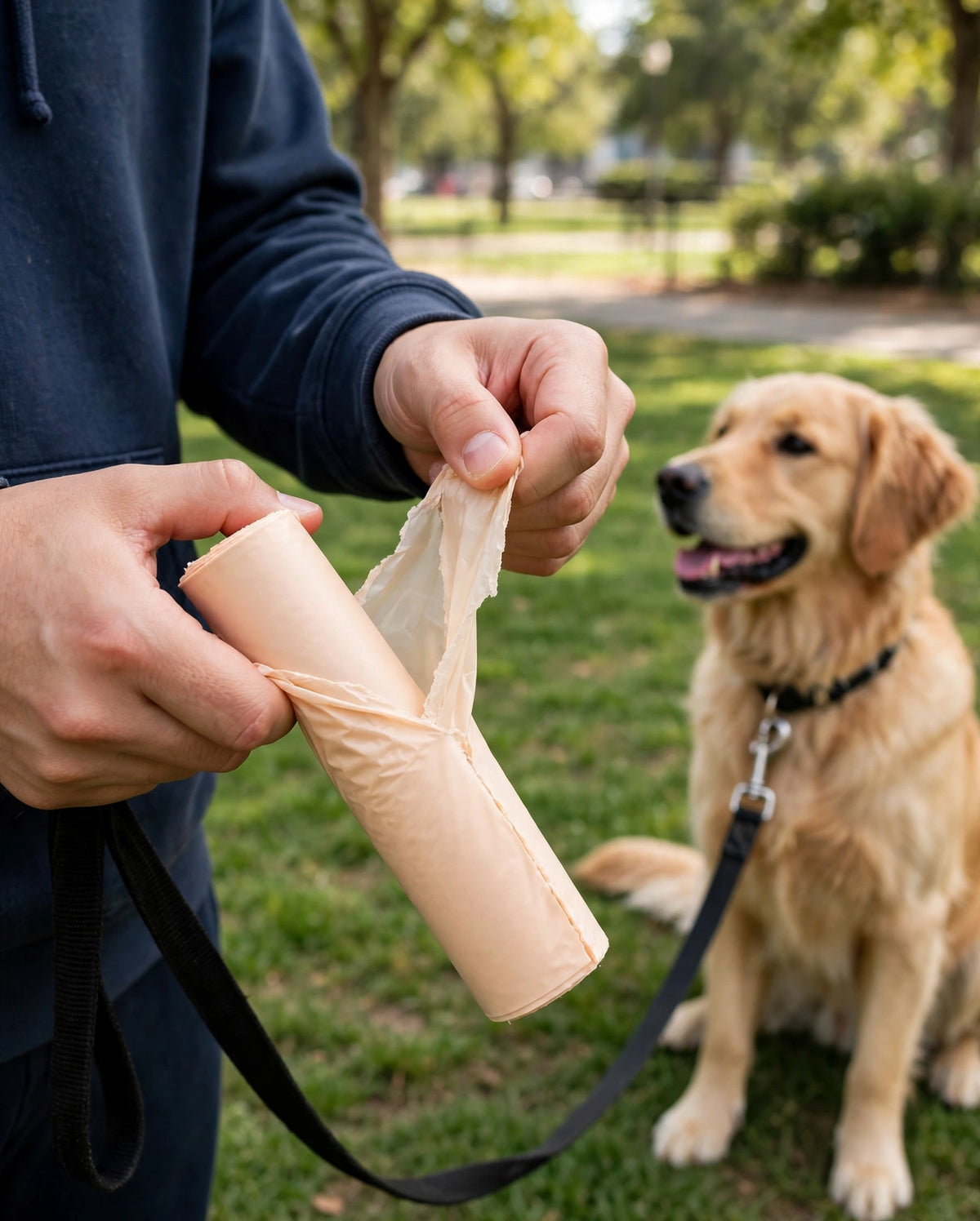 Person tearing a bag from a beige biodegradable poop bag roll outdoors with dog nearby