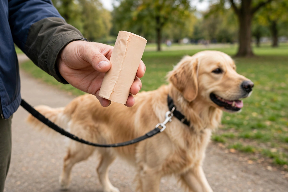 Person walking a dog in a park holding a beige biodegradable poop bag roll