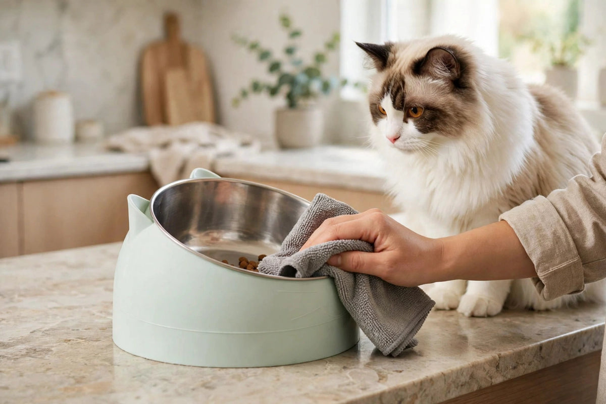 Person wiping clean a mint green slanted stainless steel cat bowl