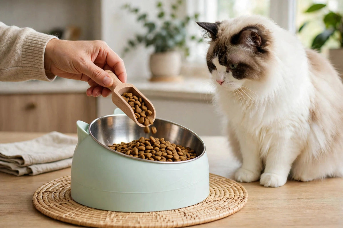 Person scooping food into a mint green slanted stainless steel cat bowl