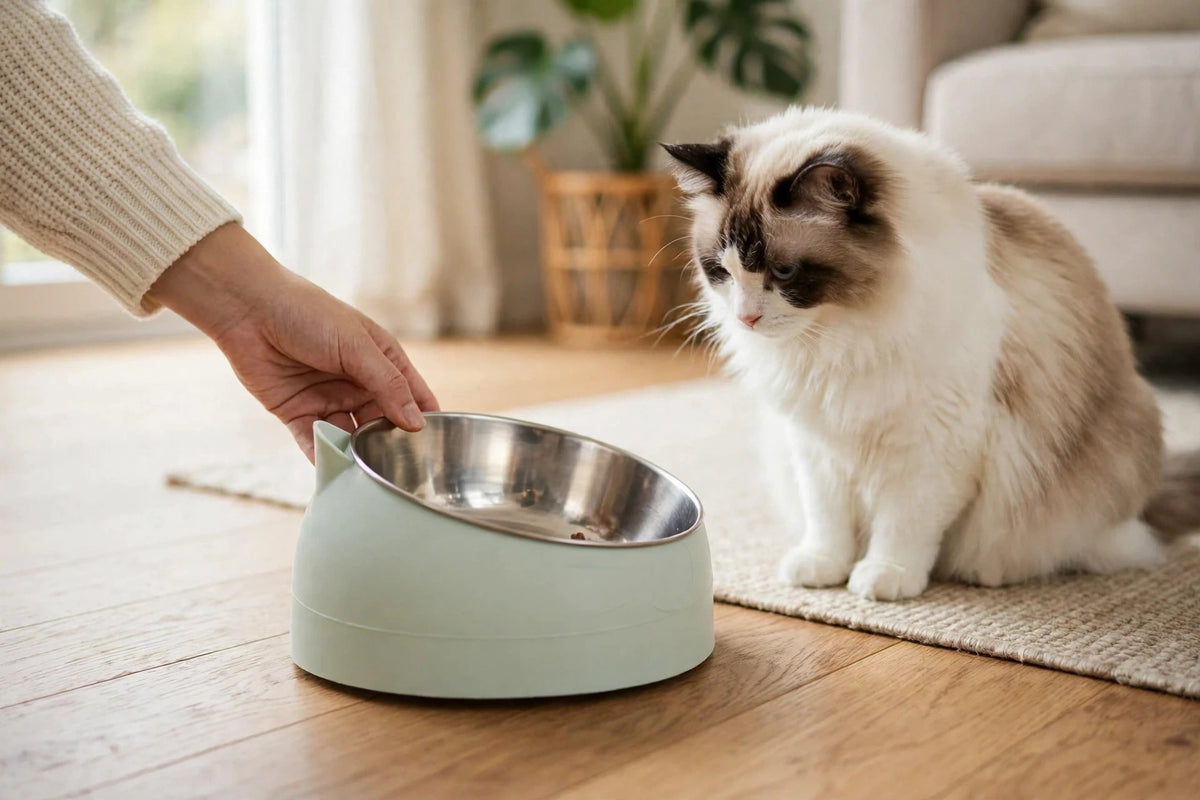 Person placing a mint green slanted stainless steel cat bowl for a waiting cat