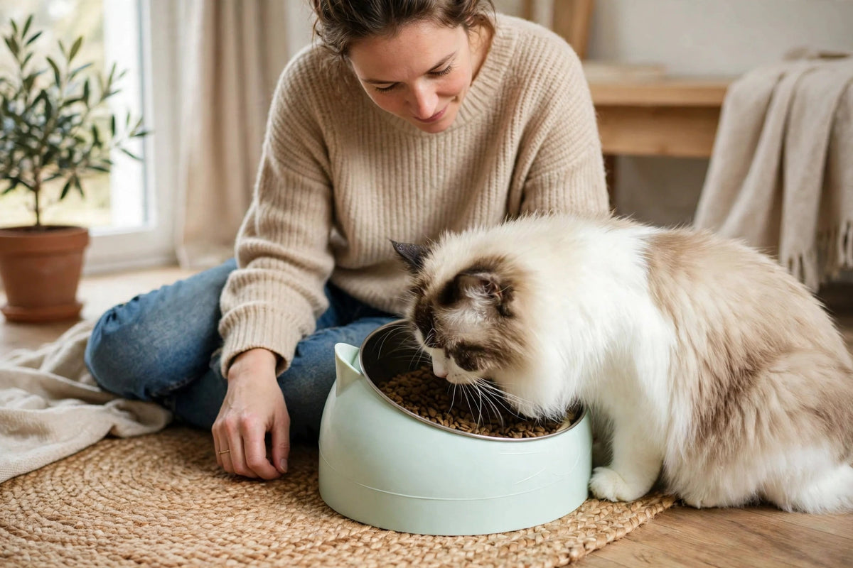 Person sitting beside a cat eating from a mint green slanted stainless steel cat bowl