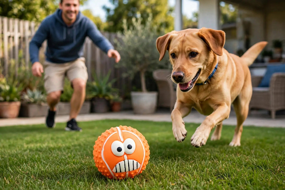 Dog chasing orange smiley ball in backyard with owner
