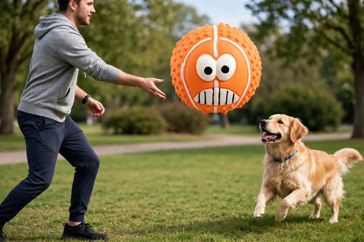 Owner playing fetch with dog and orange smiley ball