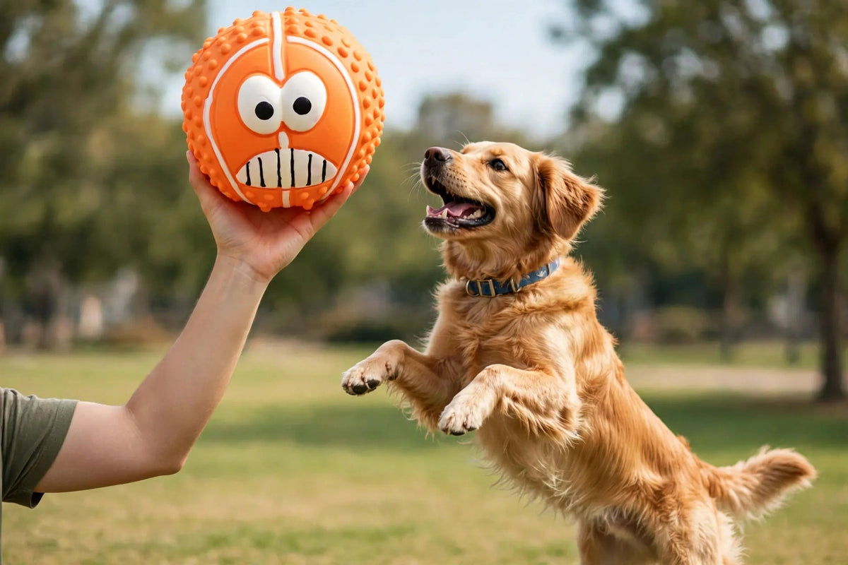 Dog jumping up for orange smiley ball held by owner