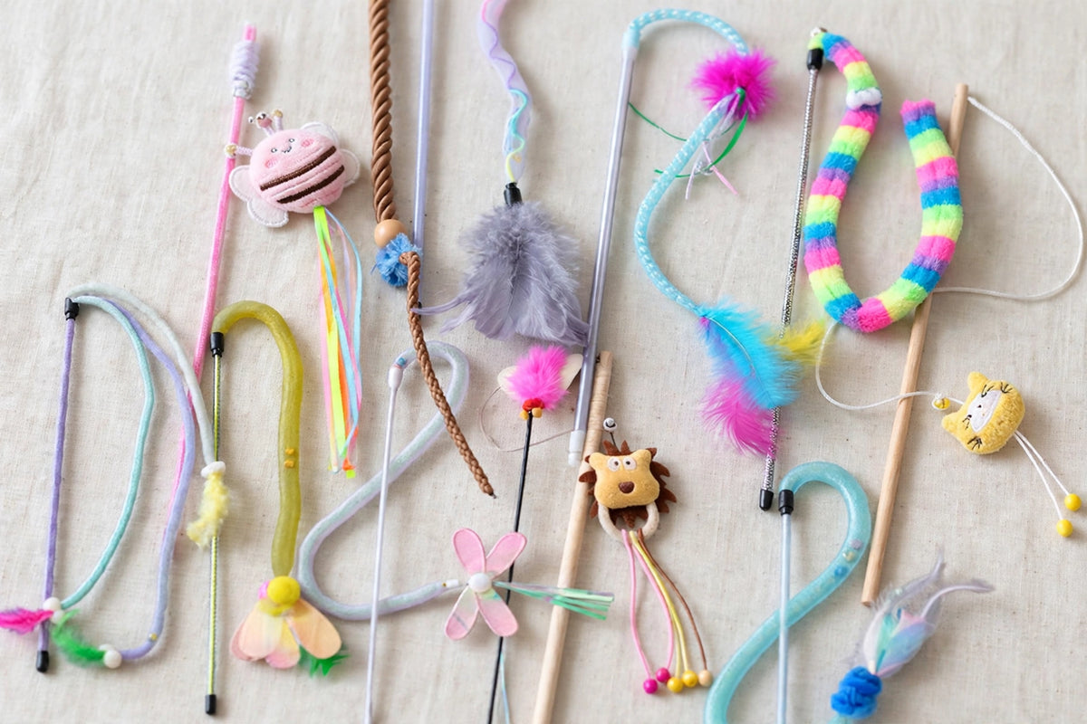 Close-up of cat teaser wand toys with feathers and plush attachments