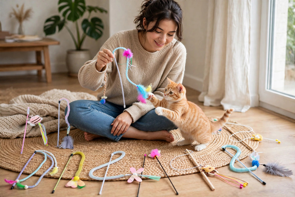 Owner sitting on floor playing with cat using feather teaser wand