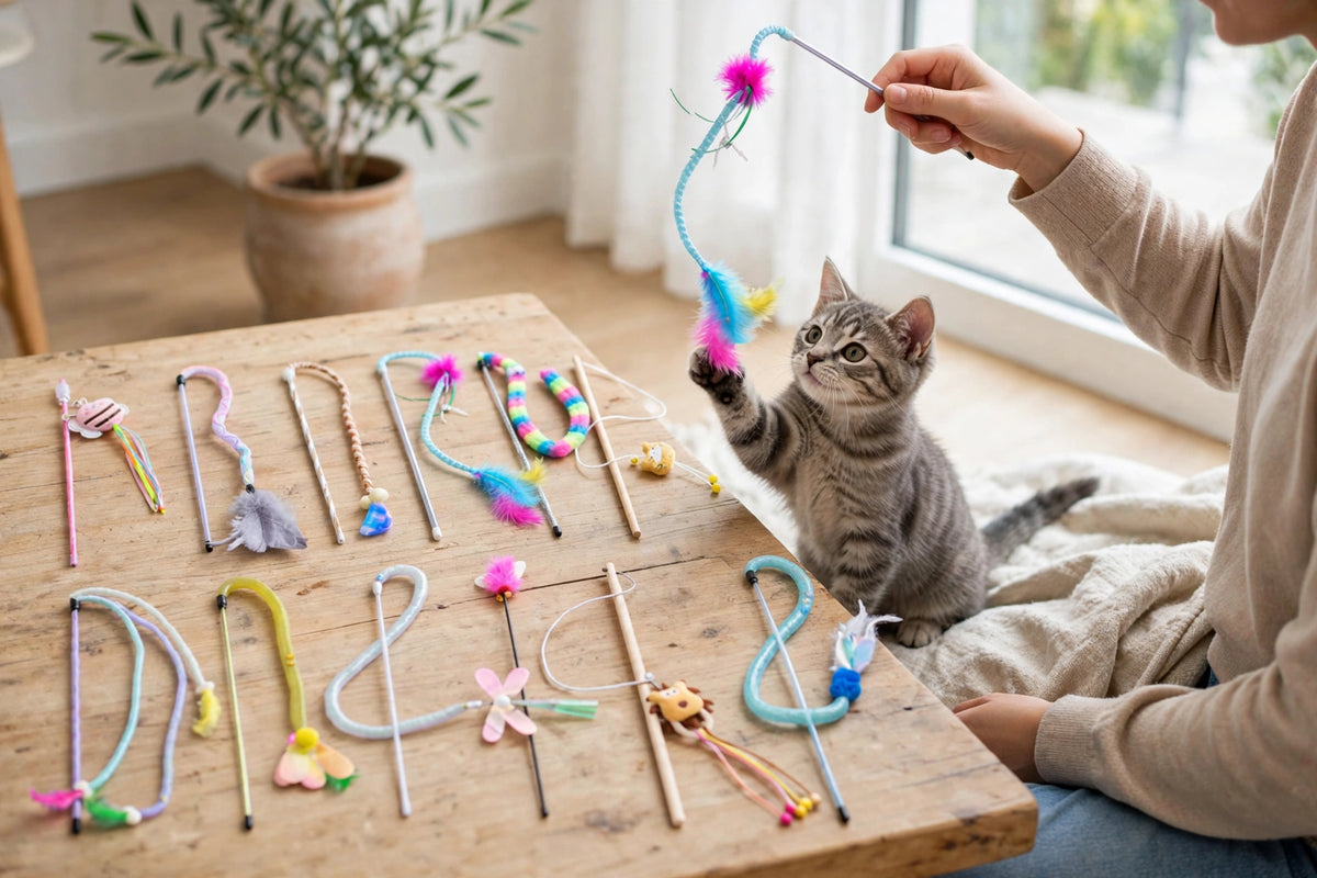 Owner playing with cat using feather teaser wand