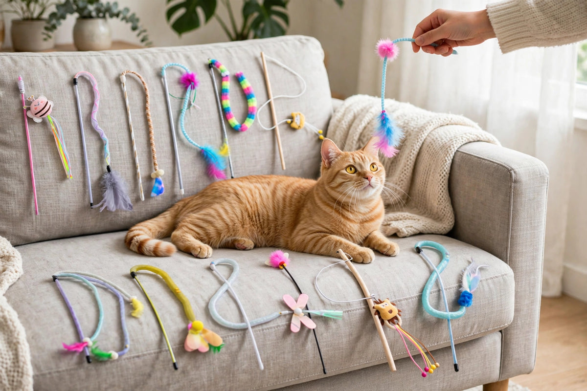 Owner dangling feather teaser wand over cat on sofa